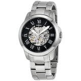 Fossil Grant Skeleton Black Dial Silver Steel Strap Watch for Men - ME3055