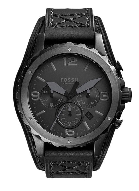 Fossil Nate Chronograph Black Dial Black Leather Strap Watch for Men - JR1510
