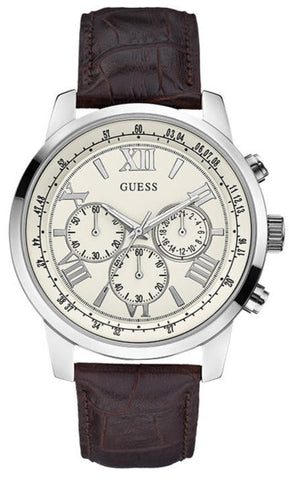 Guess Horizon Chronograph White Dial Brown Leather Strap Watch For Men - W0380G2