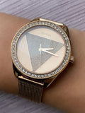 Guess Tri Glitz Quartz Diamonds Rose Gold Dial Rose Gold Mesh Bracelet Watch For Women - W1142L4