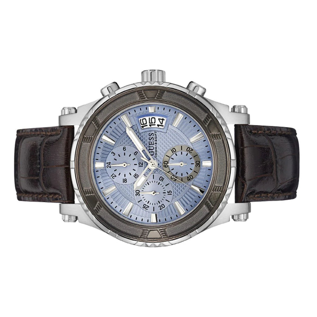 Guess Pinnacle Chronograph Quartz Blue Dial Brown Leather Strap Watch For Men - W0673G1