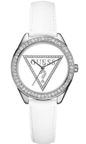 Guess Mini Triangle Quartz Diamonds Silver Dial White Leather Strap Watch For Women - W65006L1