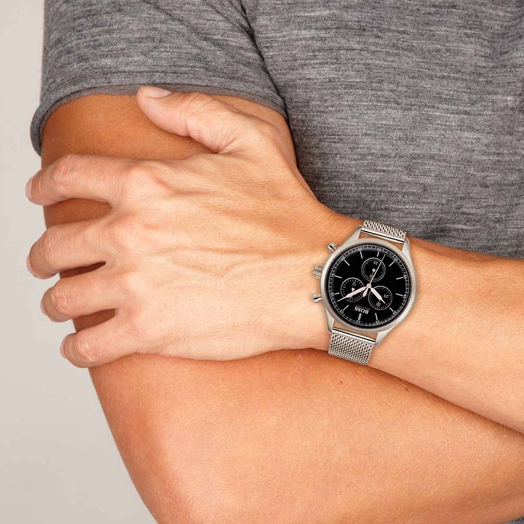 Hugo Boss Companion Chronograph Black Dial Rose Gold Mesh Strap Watch For Men - 1513548