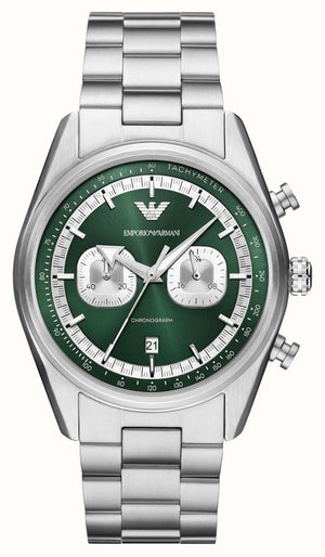 Emporio Armani Racer Chronograph Green Dial Silver Steel Strap Watch for Men - AR11637