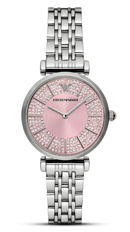 Emporio Armani Gianni T-Bar Pink Dial Silver Steel Strap Watch for Women - AR11686