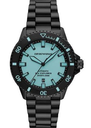Emporio Armani Sea Explorer Turquoise Blue Dial Black Steel Strap Watch for Men - AR60084
