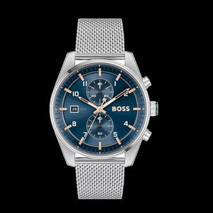 Hugo Boss Skytraveller Chronograph Blue Dial Silver Mesh Strap Watch for Men - 1514149