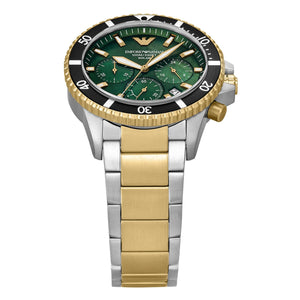Emporio Armani World Explorer Chronograph Green Dial Two Tone Steel Strap Watch for Men - AR11695