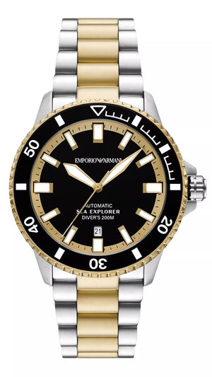 Emporio Armani Sea Explorer Black Dial Two Tone Steel Strap Watch for Men - AR60089