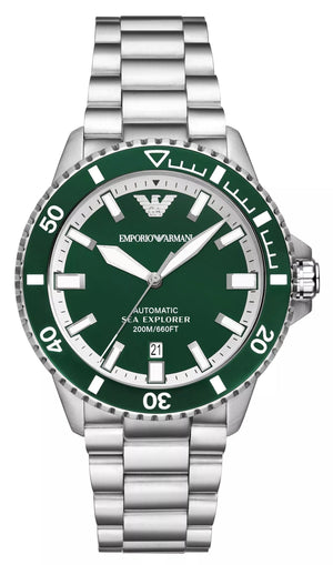 Emporio Armani Sea Explorer Green Dial Silver Steel Strap Watch for Men - AR60080