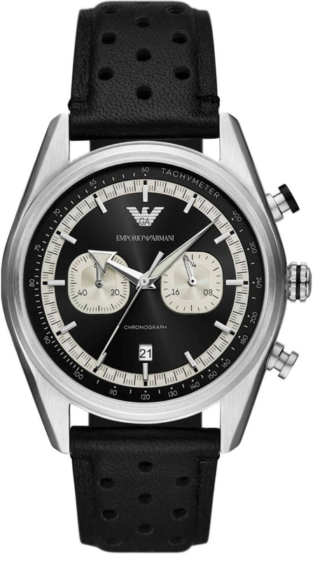 Emporio Armani Racer Chronograph Black Dial Black Leather Strap Watch for Men - AR11635