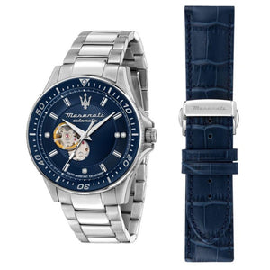 Maserati SFIDA Automatic Skeleton Blue Dial Silver Steel Strap Watch For Men - R8823140007