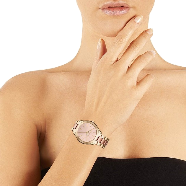 Michael Kors Slim Runway Pink Dial Two Tone Steel Strap Watch for Women - MK3493