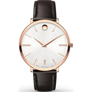 Movado Ultra Slim Silver Dial Brown Leather Strap Watch For Women - 0607093