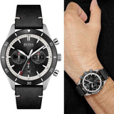 Hugo Boss Globetrotter Chronograph Black Dial Black Leather Strap Watch for Men - 1513864