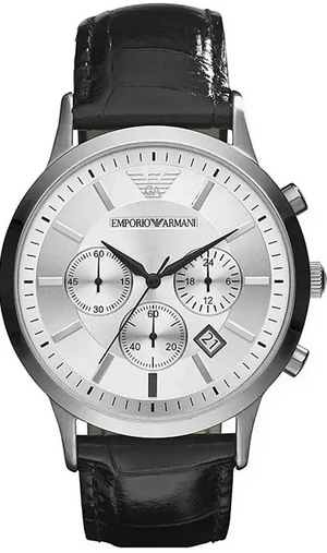 Emporio Armani Renato Chronograph Silver Dial Black Leather Strap Watch for Men - AR2436
