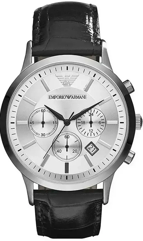 Emporio Armani Renato Chronograph Silver Dial Black Leather Strap Watch for Men - AR2436
