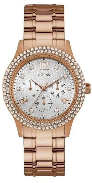 Guess Bedazzle Diamonds Silver Dial Rose Gold Steel Strap Watch For Women - W1097L3