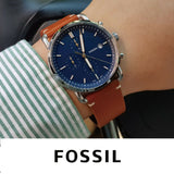 Fossil The Commuter Blue Dial Brown Leather Strap Watch for Men - FS5401