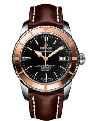 Breitling Superocean Heritage 42mm Rose Gold Chronometer Black Dial Brown Leather Strap Mens Watch - U1732112