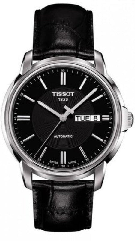 Tissot Automatics III Day Date Black Dial Black Leather Strap Watch For Men - T065.430.16.051.00