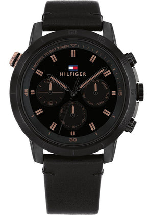 Tommy Hilfiger Troy Chronograph Black Dial Black Leather Strap Watch For Men - 1792110