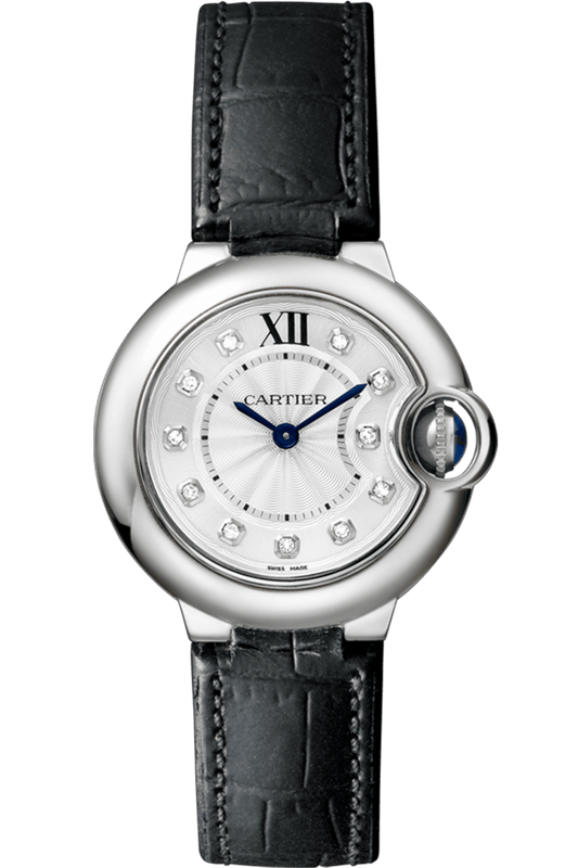 Cartier Ballon Bleu de Cartier Diamonds Silver Dial Black Leather Strap Watch for Women - W4BB0008