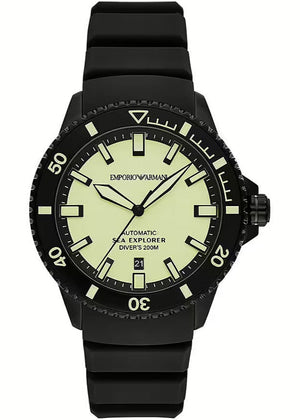 Emporio Armani Sea Explorer Automatic Yellow Dial Black Silicone Strap Watch For Men - AR60085