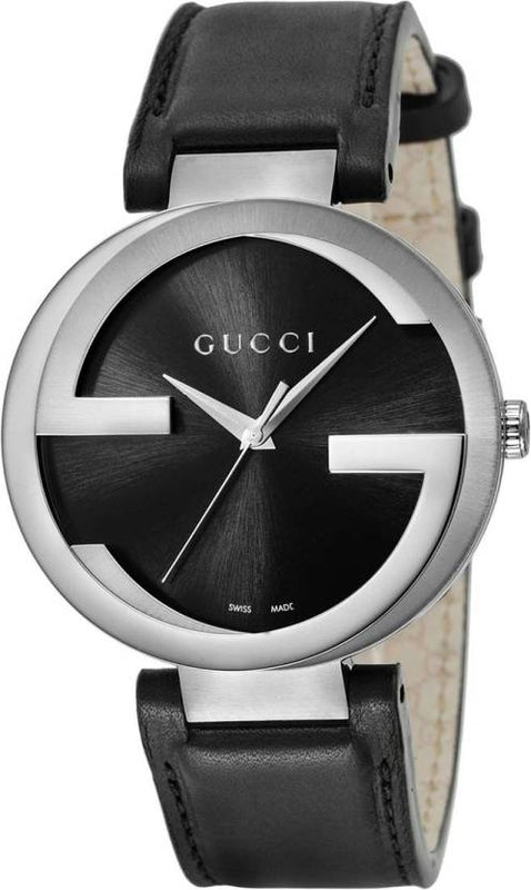 Gucci Interlocking G Iconic Black Dial Black Leather Strap Watch For Men - YA133205