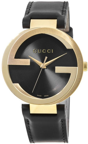 Gucci Interlocking G Gold Black Dial Black Leather Strap Unisex Watch - YA133326