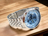 Fossil Townsman Automatic Skeleton Blue Dial Silver Steel Strap Watch for Men - ME3073